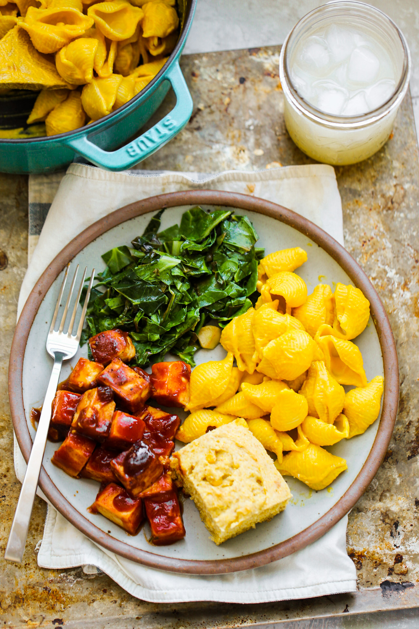 vegan southern meal with bbq tofu and mac and cheese